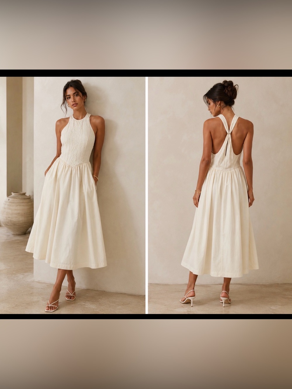 Zara Cream Textured Halter Midi Dress Open Back with Pockets Size Small NWOT